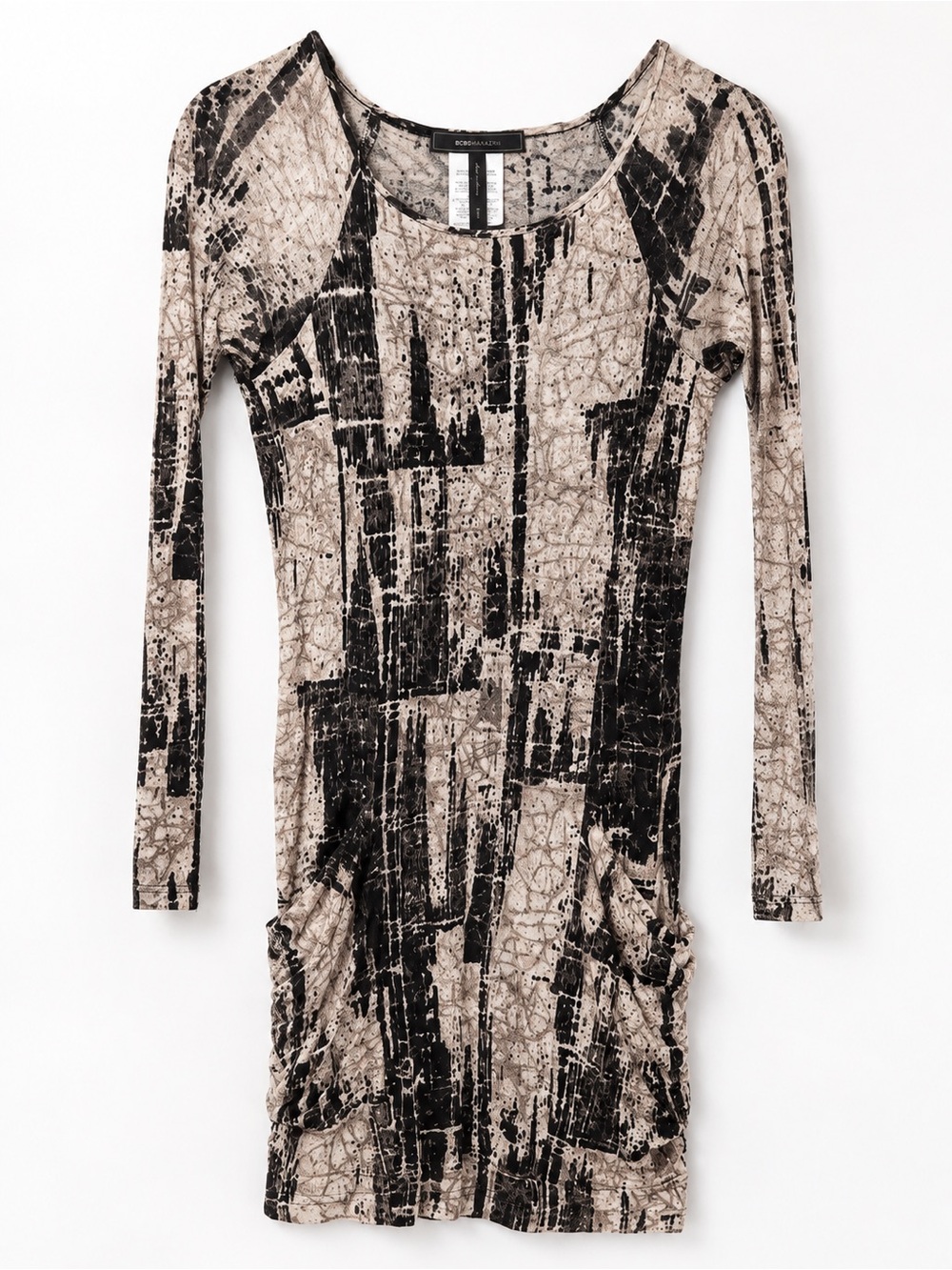 BCBGMaxAzria Beige and Black Abstract Long Sleeve Scoop Neck Dress